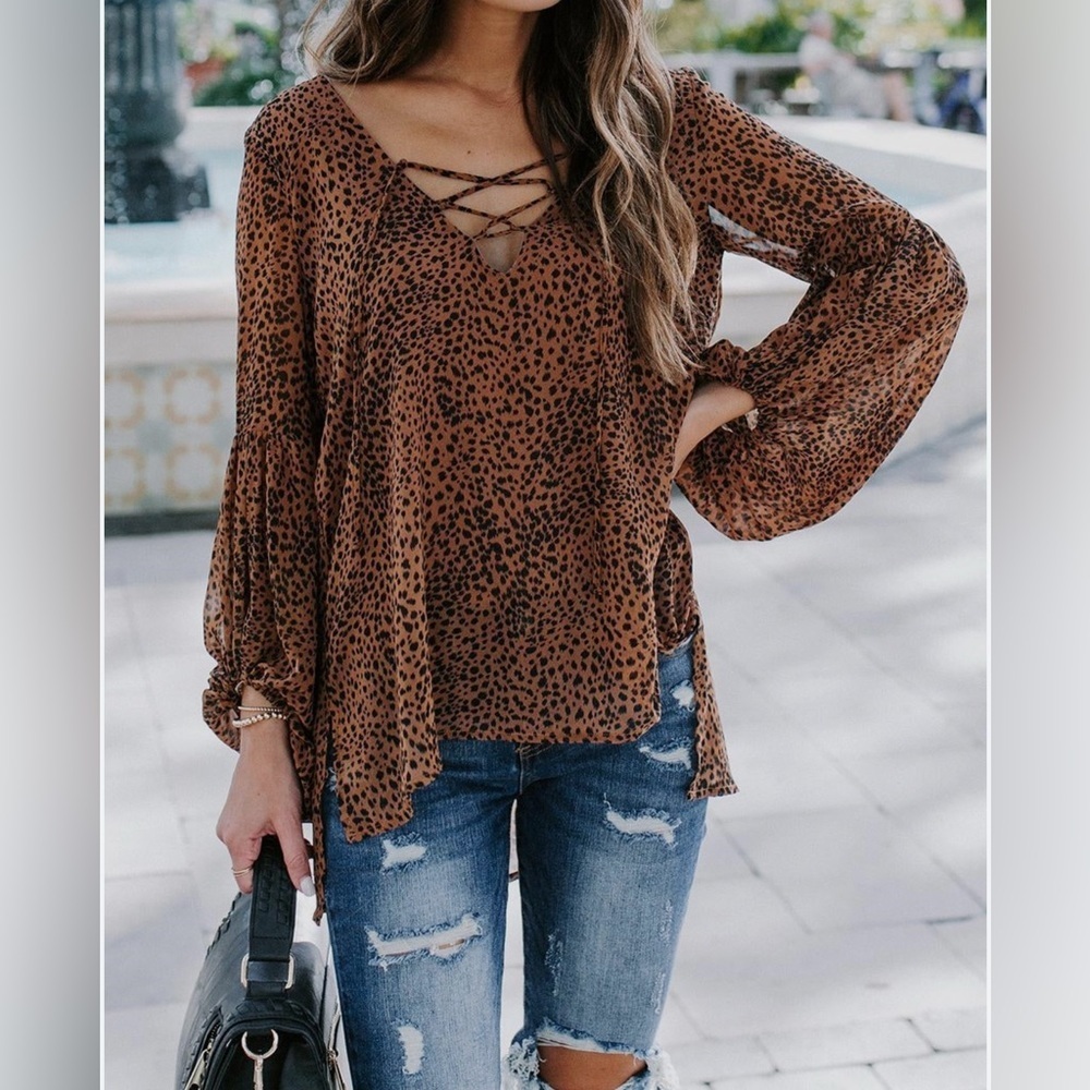 By Together Size L Animal Print Tie Front Long Balloon Sleeve Blouse Lace Up